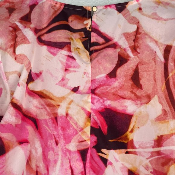 Jennifer Lopez Pink Brown Yellow Floral Short Sleeve Split Back Womens Top M - Picture 4 of 15